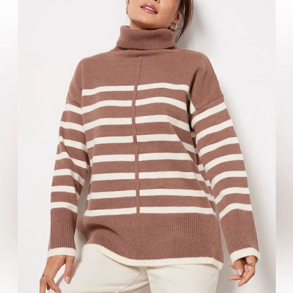 Line & Dot Stripe Pullover Tan & Cream Turtleneck Sweater(Size Medium)